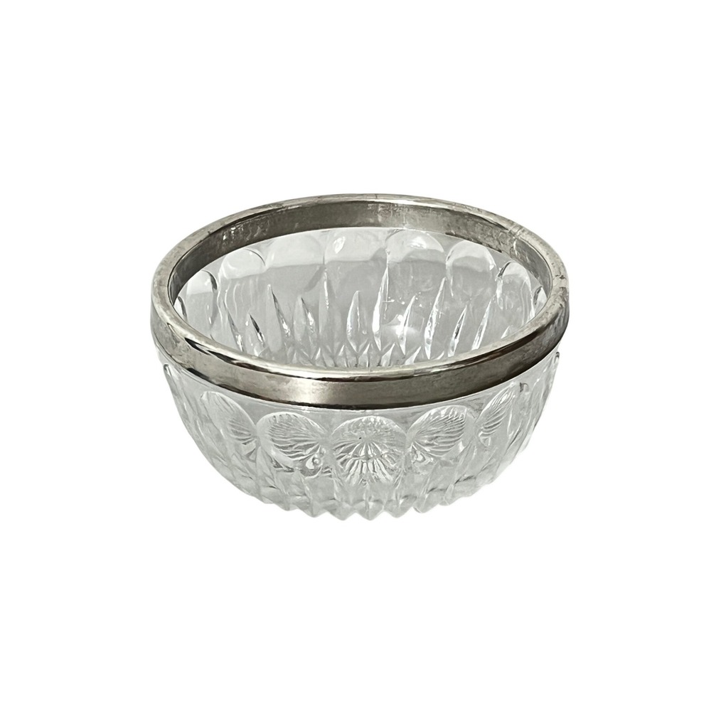 Leonard Crystal Bowl Unisex 5 Inch Clear Silver Plate Rim Sunburst Cut Italy‎